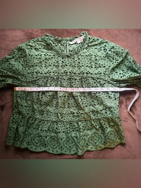 Veronica Beard Emmalyn Eyelet Flounce Top in Green - Ruffle Peplum/Bell Sleeve - Picture 7 of 11